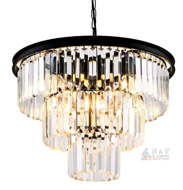 NEW 20" 3-Tier K9 Crystal Chandelier, 8-Light E12 Base, Adjustable Height, Black Frame