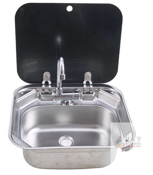 NEW Folding RV Stainless Steel Sink with Tempered Glass Lid and Foldable Faucet