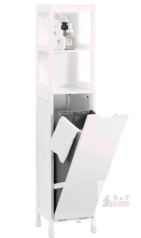 NEW SoBuy BZR123-W Slim Bathroom Cabinet with Tilt-Out Hamper, 2 Shelves, White, 57"x12"x12"
