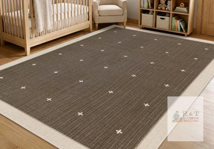 NEW Garvee 9'x12' Modern Bordered Area Rug - Brown Coffee, Non-Slip, Washable, Geometric Cross Motif