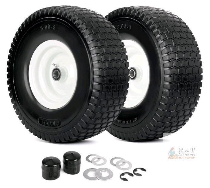 NEW GICOOL 15x6.00-6 Flat Free Lawn Mower Tires & Wheels, 3" Centered Hub, 3/4" Bearing, 2-Pack