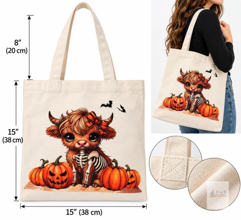 New Dlzdn Halloween Highland Cow Canvas Tote Bag &ndash; Reusable Shopping Bag, 15" &ndash; Retail $18.99