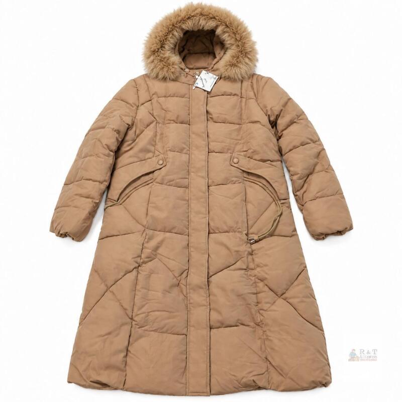 NEW Xinhongtao 4XL Tan Winter Parka with Faux Fur Hood and Front Zipper Closure