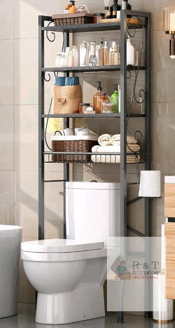 NEW Axdtvoz ATK-008-Br Over-the-Toilet Storage Rack, 4-Tier, Black Metal Frame with Rustic Brown Shelves