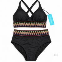 New Size 16 WNEW YONIQUE Black High-Waisted Bikini Set with Multicolour Embroidered Trim