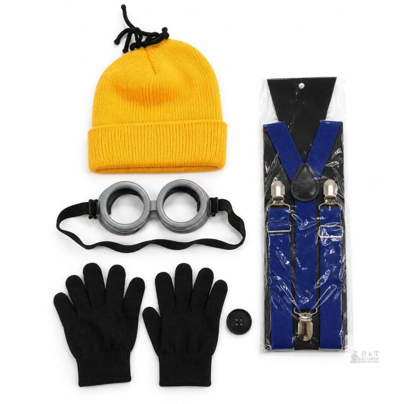 NEW Minion Costume Accessory Set: Yellow Beanie, Blue Suspenders, Black Gloves, Goggles & Button