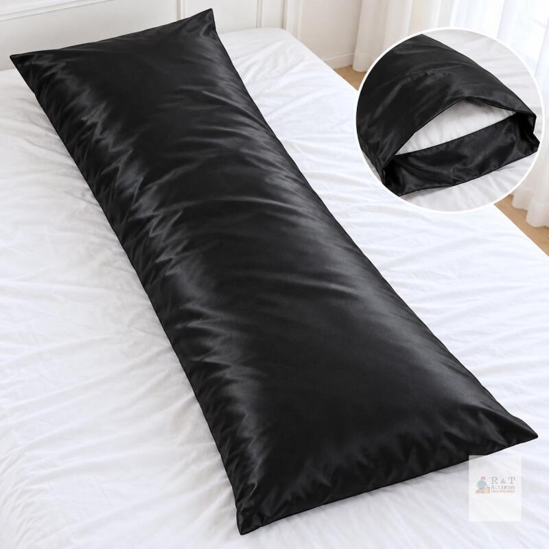 NEW Love&rsquo;s Cabin Black Satin Body Pillow Cover 20x54&rdquo; Envelope Closure Silky Slip X002REOPBX