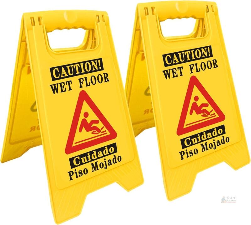 New 2 packs Thicken Caution Wet Floor Sign, （L:16.6inch）Yellow Double-Sided Folding A-Shaped Frame Design, Bilingual Caution Message,Suitable for subway，airports, hotels, schools, etc