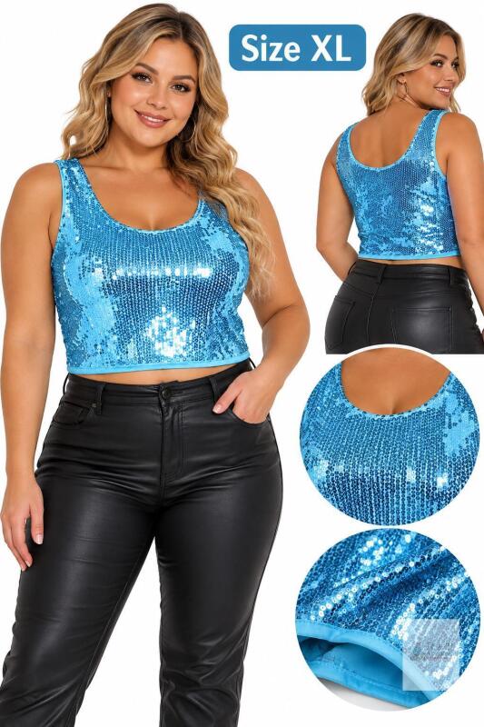 New Size XL Metallic Sequin Crop Tank Top &ndash; Blue, Size XL- Fun night!