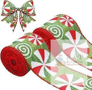 New Berlune 2 Rolls Christmas Candy Peppermint Wired Edge Ribbon 2.5 Inch Wide Christmas Ribbon Burlap for DIY Craft Wreath Tree Decoration Gift Wrapping Party (Cute Pattern)