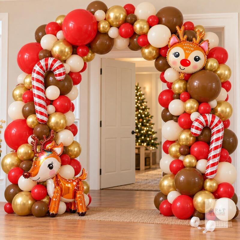 New Christmas Balloon Arch Set, 160 Pieces Christmas Balloons Set in Red Gold Brown Cream White Balloons and Elk Deer Candy Canes Foil Balloons for Christmas and Birthday Decorations