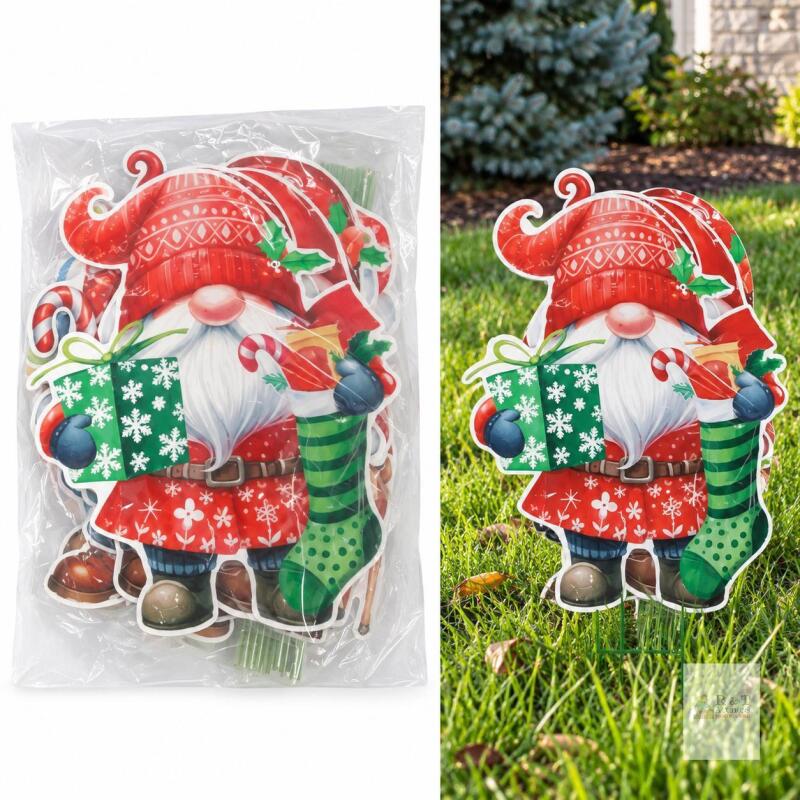 5 NEW Christmas Gnome Yard Signs, Corrugated Plastic, Set w/ Stakes, Festive Holiday Decorations