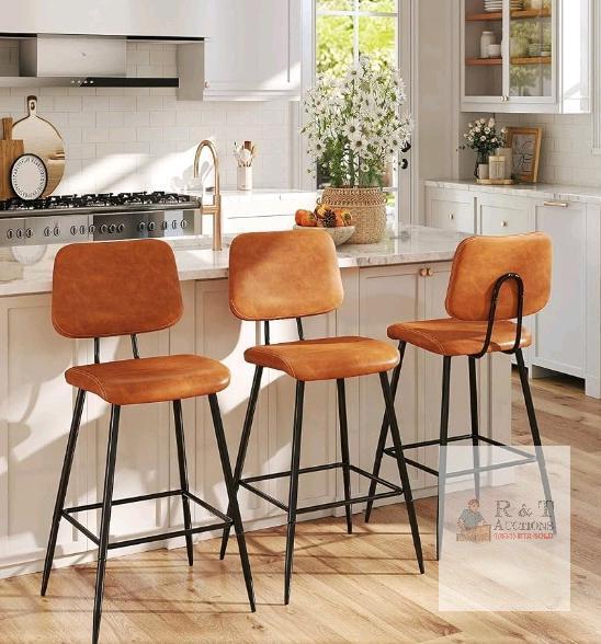 Set of 3 Winston Key West Padded Sling Aluminum Swivel Bar Stools, Tan/Cognac Seats, Black Legs