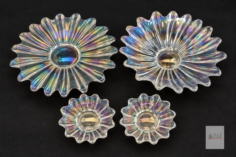 Vintage Unsigned Federal Glass Atomic Celestial Daisy Iridescent Carnival Glass Low Fruit Bowl & Matching Plate + 2&times; Small Serving Dishes, Up To 10.5" Diameter &times; 2.75" Tall, No Chips or Cracks