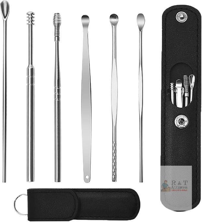 New Lieudage 6PCS Stainless Steel Earwax Pick Ear Wax Removal Kit Innovative Spring Spoon Ear Wax Cleaner Curette Ear Remover Tool with Storage PU Leather Pouch-random color pouch