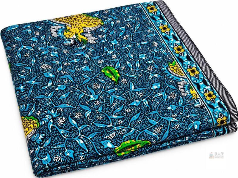 GTP Ghana Real Wax Print Fabric &ndash; Blue, Yellow & Green Floral Pattern - 6 yards