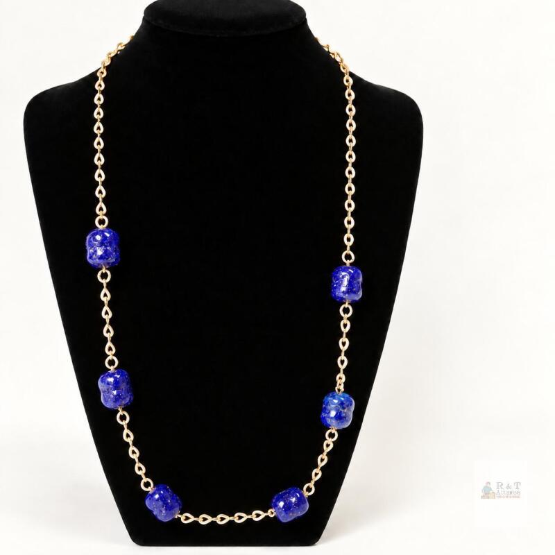 New Old Stock D&rsquo;ORLAN Gold-Tone Necklace with 6 Blue Beads & Original Guarantee Tag