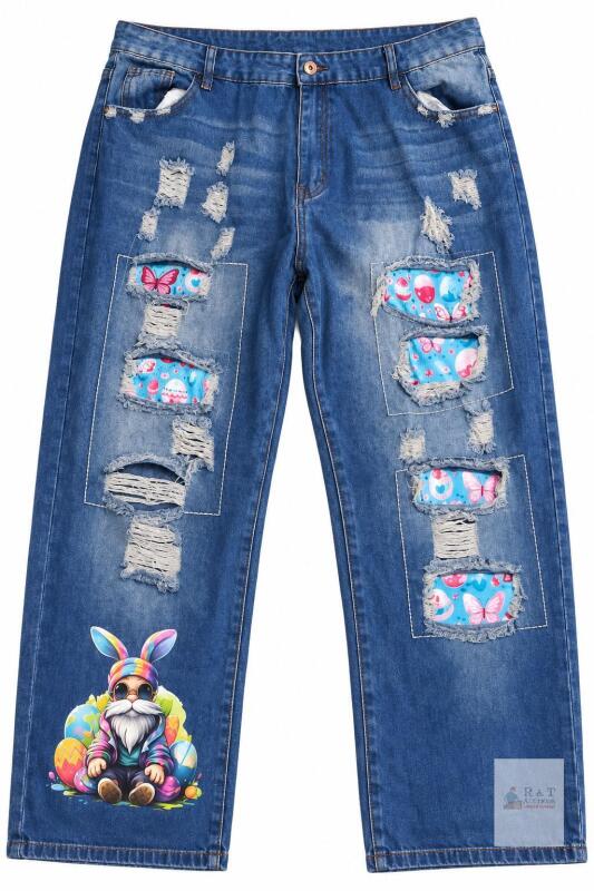 New Size 5XL Easter Gnome Distressed Jeans with Colourful Fabric Patches