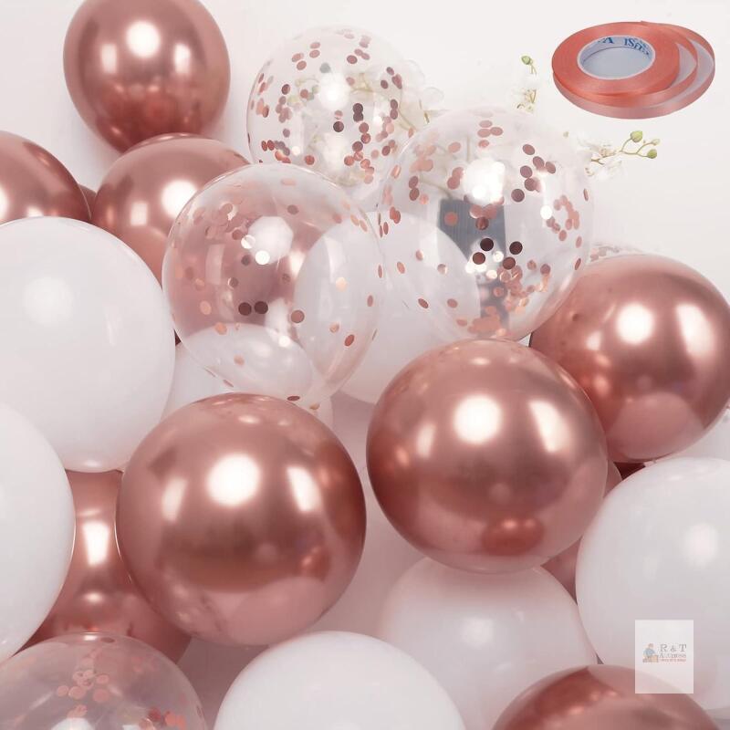 New 50-Piece Rose Gold, White & Confetti Balloon Set with Glue Tape