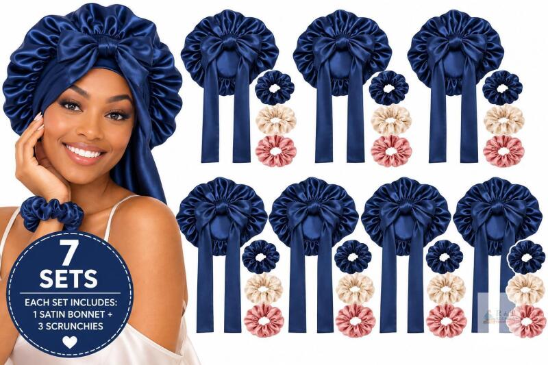 7 New AWAYTR 2 Layered Satin Bonnet for Women Tie Band Hair Bonnet for Sleeping Silk Sleeping Cap with 3PCS Hair Scrunchies (Navy(Bonus 3 Hair scrunchies))