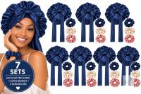 7 New AWAYTR 2 Layered Satin Bonnet for Women Tie Band Hair Bonnet for Sleeping Silk Sleeping Cap with 3PCS Hair Scrunchies (Navy(Bonus 3 Hair scrunchies))