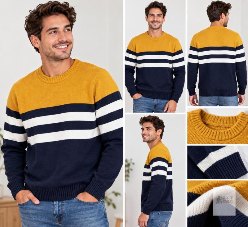 New Size L/XL MAGCOMSEN Men&rsquo;s Colour-Block Striped Knit Crewneck Sweater, Mustard/Navy/White