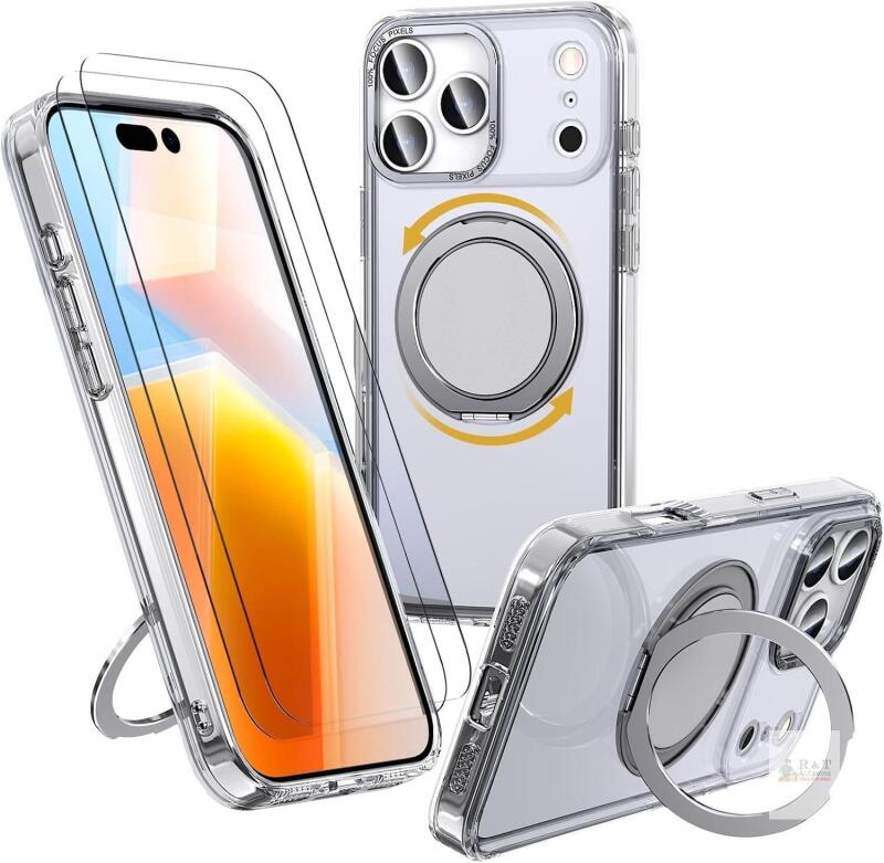 New HCXLYP for iPhone 17 Pro Case with 360 Magnetic Stand, Clear | Compatible with MagSafe, with 2 Tempered Glass Film, Military-Grade Drop Shockproof