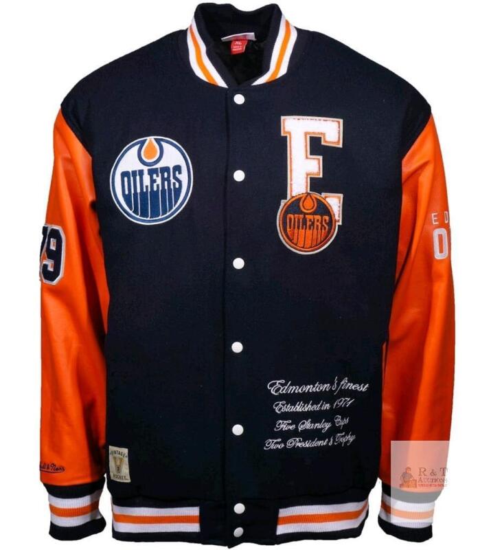 Mitchell & Ness Edmonton Oilers NHL Varsity Jacket, Medium, Wool/Leather, Navy/Orange, With Tag