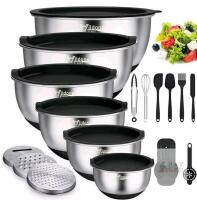 Wildone 22-Piece Stainless Steel Mixing Bowl Set, 6 Sizes, Airtight Lids, Graters, Utensils