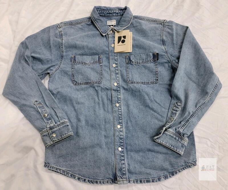 NEW Frank And Oak Men's Medium Light Blue Denim Button-Down Shirt with Snap Buttons