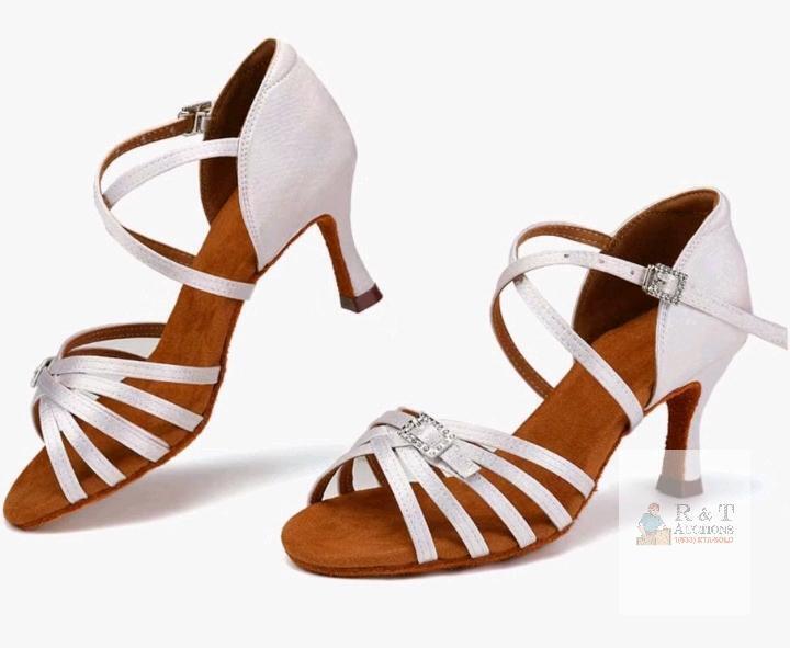 NEW HROYL Women&rsquo;s White Ballroom Latin Dance Shoes, 2.5" Heel, Satin, Rhinestone Buckle, Open Toe