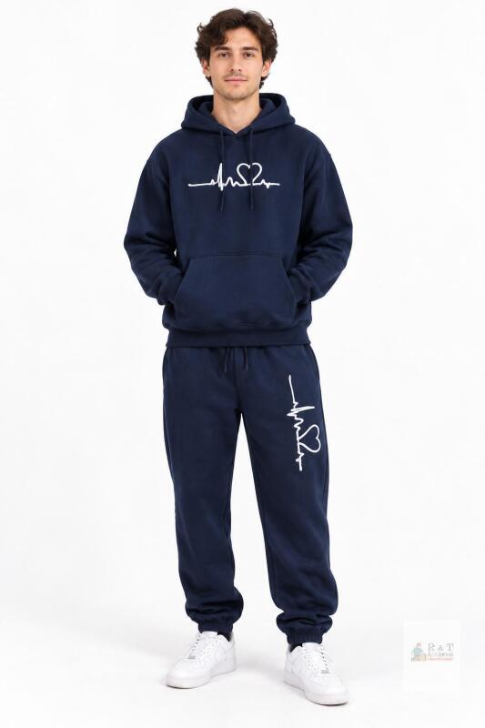 Navy Blue Unisex Medium Hoodie & Sweatpants Set with Heartbeat Graphic