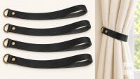 Home Queen Black PU Leather Curtain Tiebacks, 4-Piece Set with Brass-Tone Hardware