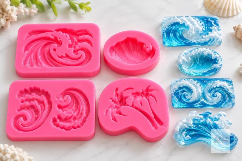new Set of 4 Sea Wave Silicone Molds, M145, Palm Tree Designs, Pink, Flexible, Food-Grade, China