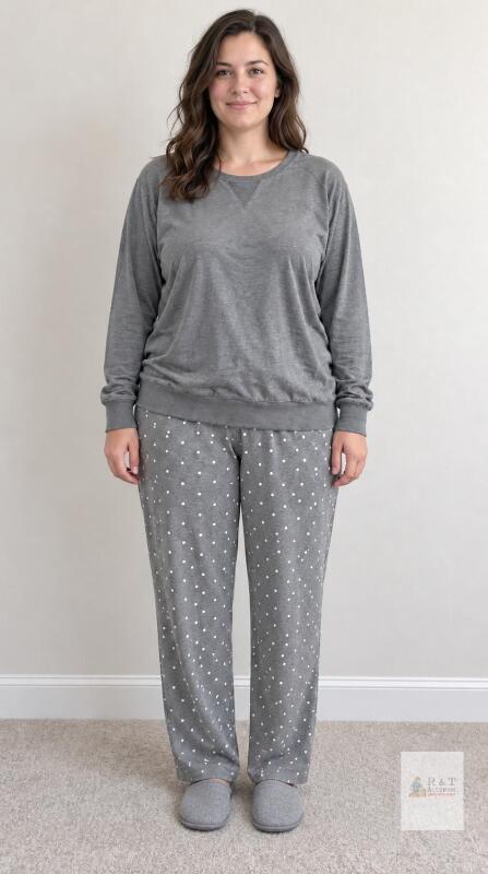 NEW Nautica Women's Loungewear Set Large Gray Long Sleeve Top & Polka Dot Pajama Pants