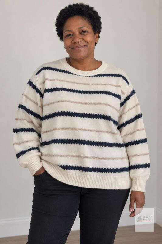 NEW XXL Knit Pullover Sweater, White with Navy & Beige Stripes, Ribbed Cuffs and Hem