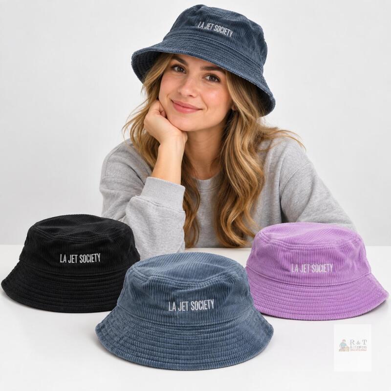 NEW LA JET SOCIETY Corduroy Bucket Hats Set &ndash; Blue, Black, Gray, Purple, Embroidered Logo, Adult Size