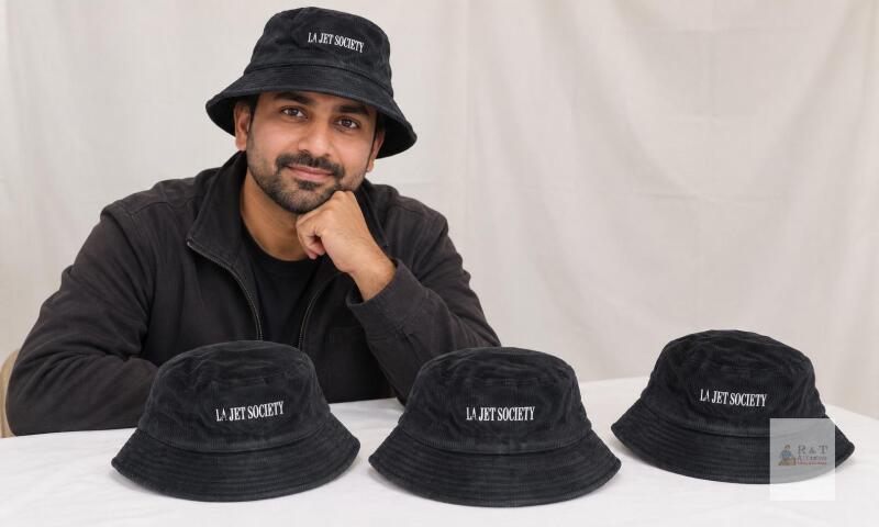 NEW LA JET SOCIETY Black Corduroy Bucket Hat with Embroidered Logo