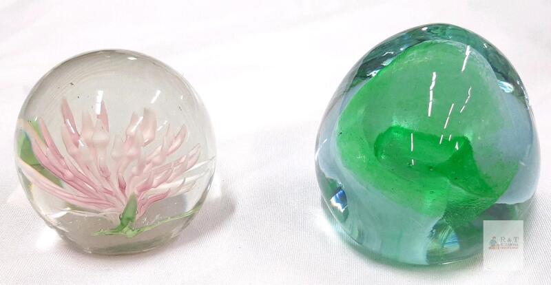 Pair Art Glass Paperweights: Lampwork Pink Flower & Abstract Green Swirl, Polished Bases