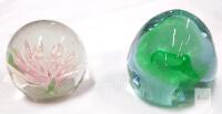 Pair Art Glass Paperweights: Lampwork Pink Flower & Abstract Green Swirl, Polished Bases