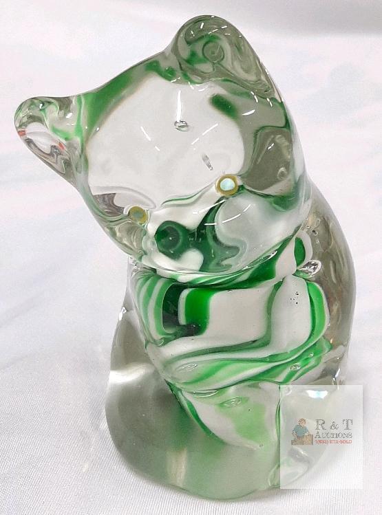 Hand-Blown Art Glass Cat Figurine, Green & White Swirl, Yellow Eyes, 4" Tall, Collectible Decor