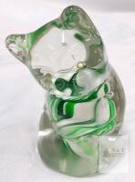 Hand-Blown Art Glass Cat Figurine, Green & White Swirl, Yellow Eyes, 4" Tall, Collectible Decor