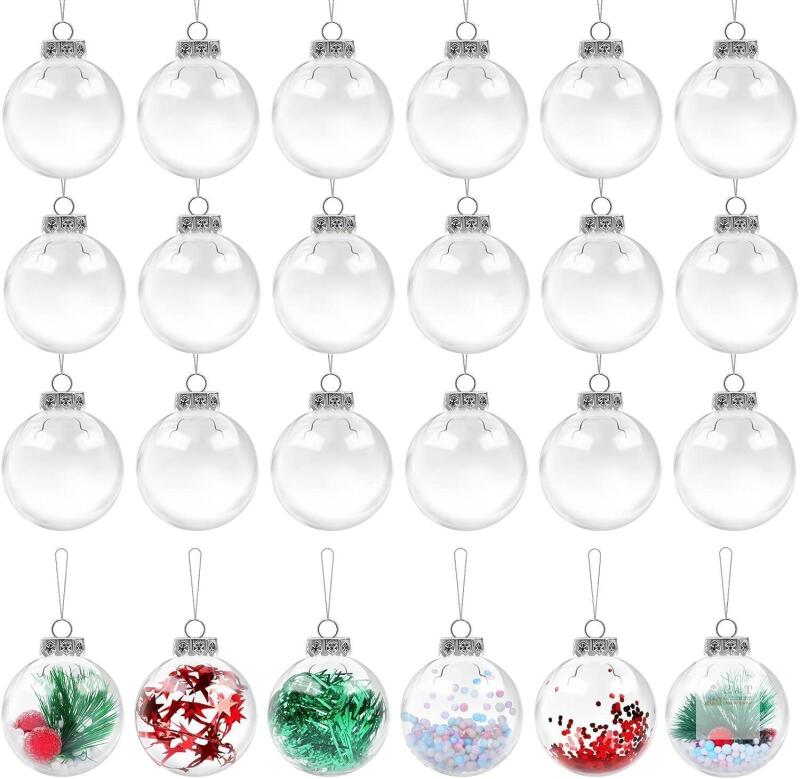 New Aodaer 24 Pieces DIY Clear Plastic Fillable Ornament Balls with Silver Metal Cap and Rope