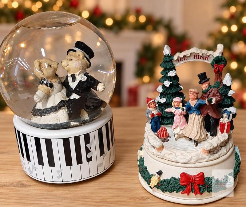 **2 Wind-Up Music Boxes &ndash; Teddy Bear Wedding Globe & Christmas Ice Rink Scene- both operational
