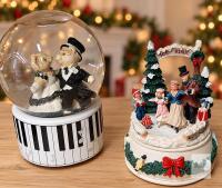 **2 Wind-Up Music Boxes &ndash; Teddy Bear Wedding Globe & Christmas Ice Rink Scene- both operational
