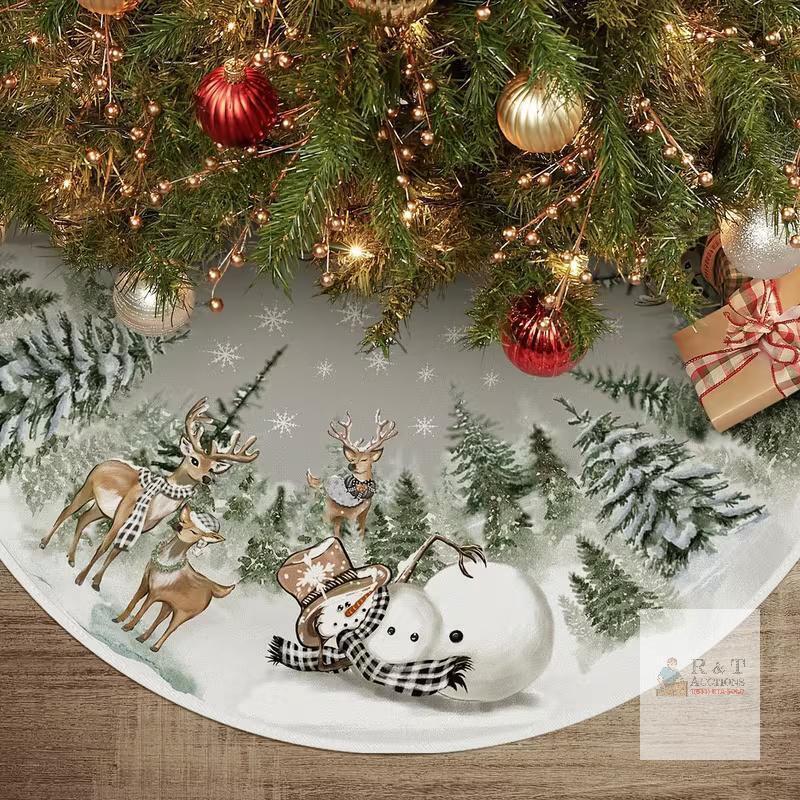 New Winter Snowman & Reindeer Christmas Tree Skirt with Snowflakes, Pine Branches 47.24" round