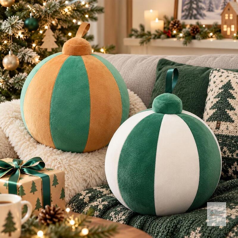 2 New Lineshading Christmas Ball Pillows 7 Inch Round
