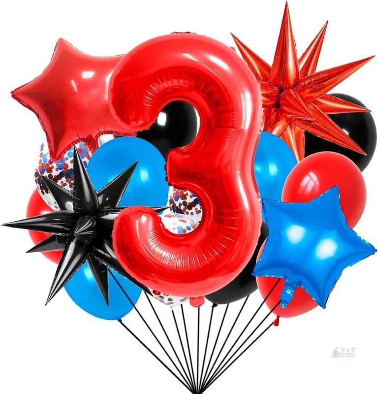 New 40 Inch 3 Balloon Number, Blue Red and Black Balloons, Spider Theme Balloon Star Balloons, Confetti Latex Balloons