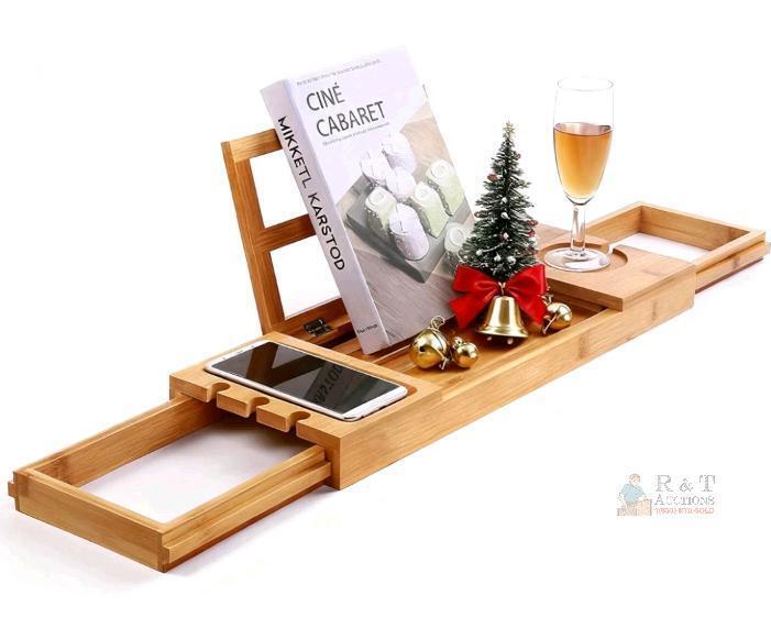 NEW Bamboo Bathtub Caddy Tray by Utoplike, Extendable 33.5", Wine Glass & Tablet Holder, Natural Finish
