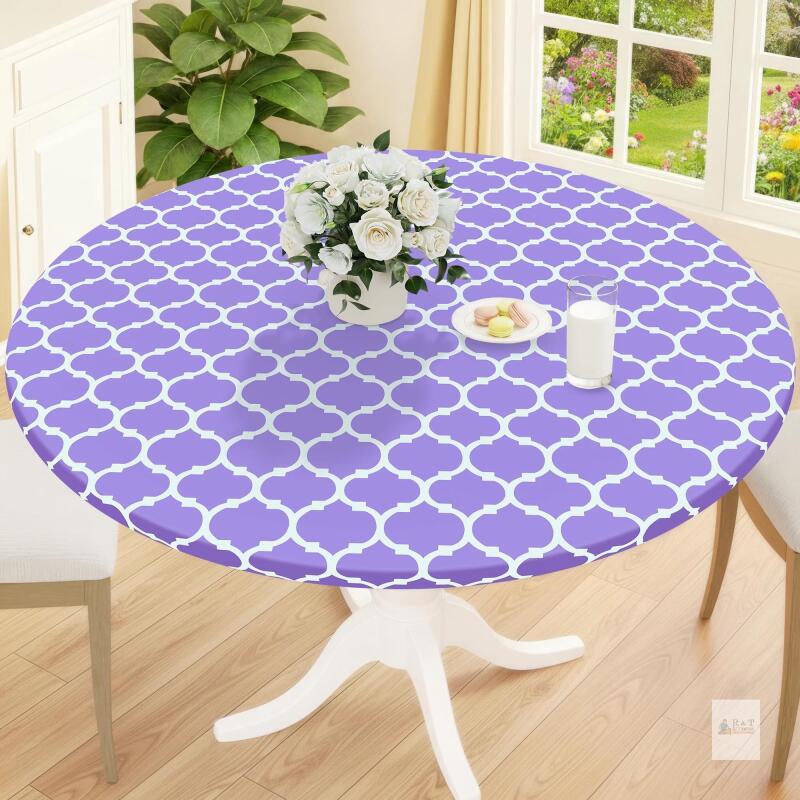 New Fitted Vinyl Tablecloth Round 36"-44" Diameter, Waterproof Wipeable PVC Table Cover, Moroccan, Lavender